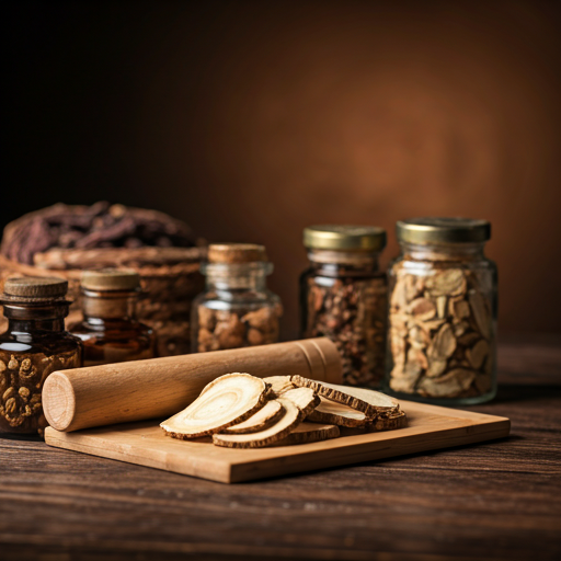 Close-up of traditional dried oriental medicinal herbs and wooden tools