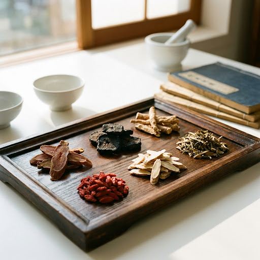 High-quality dried herbal medicine ingredients neatly arranged on a traditional wooden tray