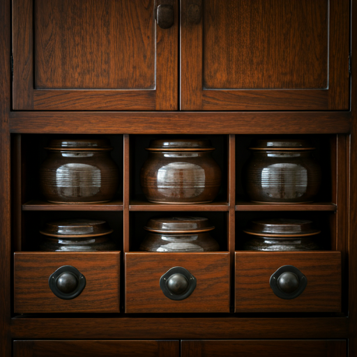 Traditional Korean medicine drawer cabinet with ceramic jars